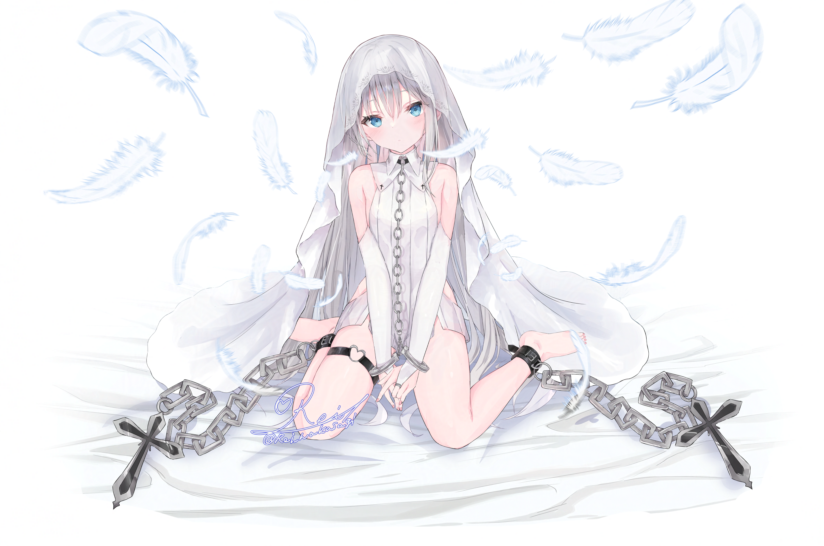rei wakasagi, original, highres, 1girl, bare legs, bare shoulders, barefoot, blue eyes, bound, breasts, closed mouth, dress, elbow gloves, feathers, fingerless gloves, full body, gloves, hair between eyes, long hair, looking at viewer, restrained, simple background, sitting, small breasts, solo, thigh strap, tied up (nonsexual), very long hair, wariza, wedding dress, white background, white dress, white hair