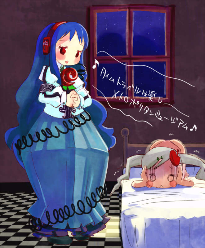 harepore, rozen maiden, vocaloid, silver hair, bad id, bad pixiv id, 2girls, :<, bed, bedroom, blue hair, covering own ears, headphones, indoors, long hair, multiple girls, music, night, o o, own hands clasped, own hands together, parody, red eyes, singing, trembling, twintails, window