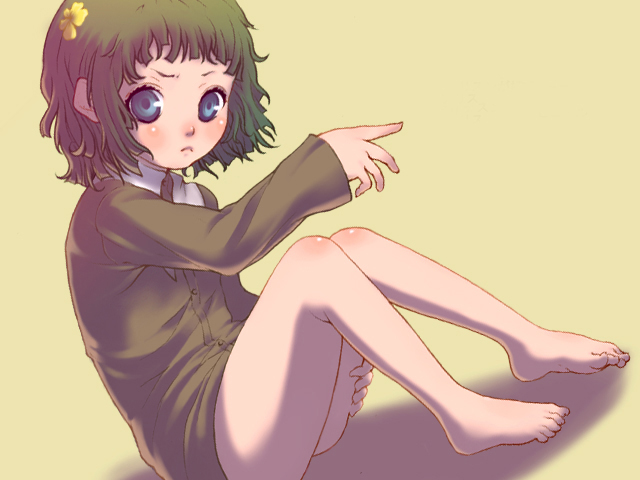 barefoot, blue eyes, blush, bottomless, feet, green hair, pointing, short hair, solo