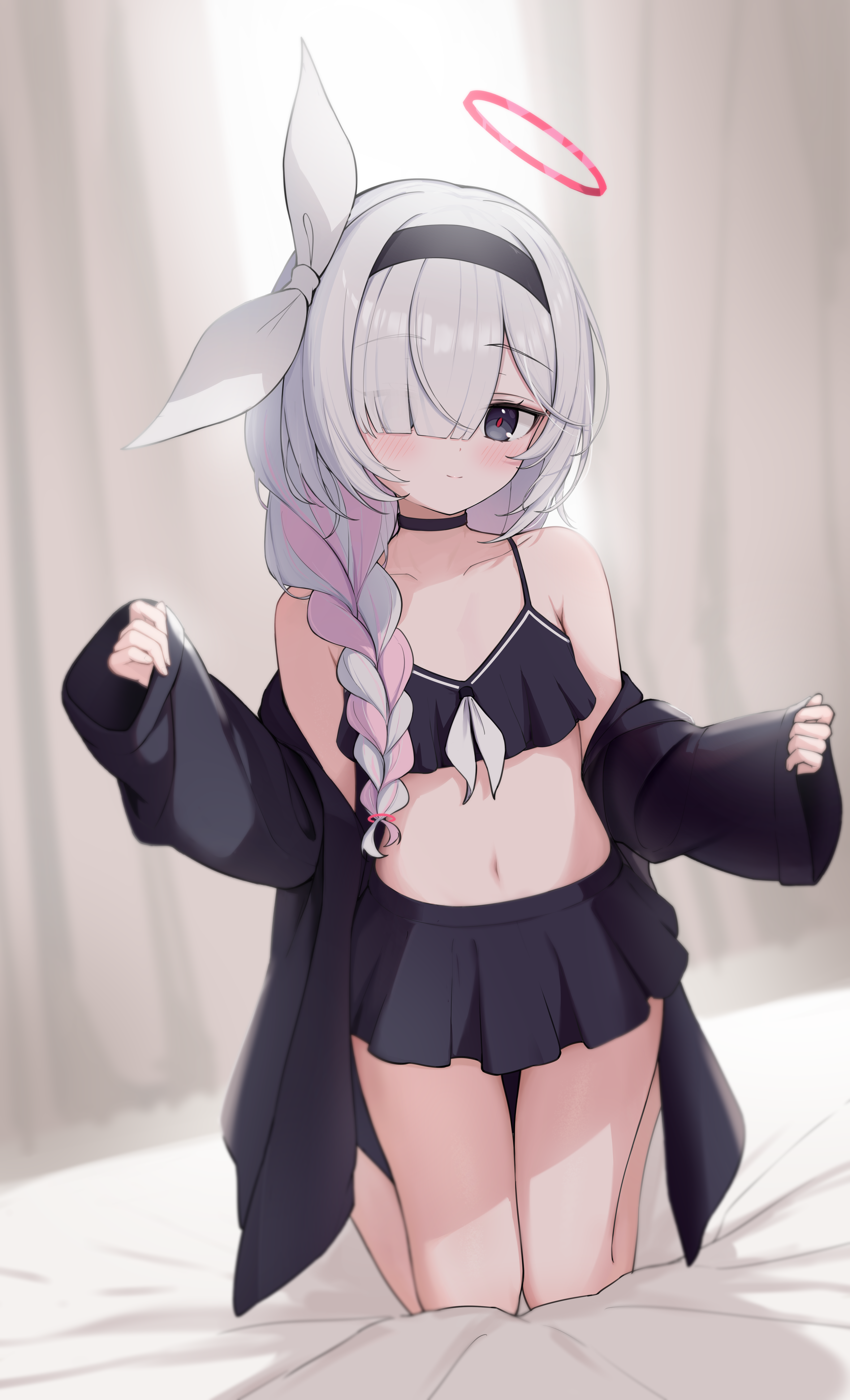 plana (blue archive), blue archive, absurdres, highres, 1girl, bare shoulders, bikini, bikini top only, black bikini, black hairband, black jacket, black skirt, blush, braid, grey hair, hair over one eye, hair ribbon, hairband, halo, jacket, kneeling, long hair, looking at viewer, miniskirt, navel, red halo, ribbon, shirakawaui, sidelocks, single braid, skirt, solo, stomach, swimsuit, white ribbon