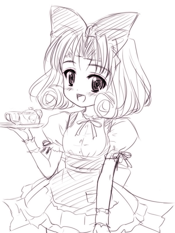 masakichi (crossroad), shirayuki (sister princess), sister princess, 00s, 1girl, apron, dress, female focus, monochrome, purple theme, ribbon, sketch, solo, tea set, tray