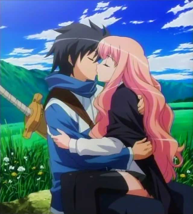 hiraga saito, louise francoise le blanc de la valliere, zero no tsukaima, anime screenshot, 00s, closed eyes, day, kiss, long hair, pink hair, thighhighs, very long hair