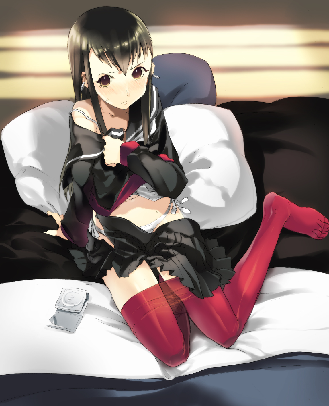 kaimuari, koga norio, narutaru, bad id, bad pixiv id, highres, 1boy, blush, bra, clothes pull, condom, condom packet strip, condom wrapper, crossdressing, crossdressing (mtf), earrings, feet, indoors, jewelry, lingerie, male focus, panties, pantyhose, pantyhose pull, red pantyhose, school uniform, serafuku, side-tie panties, sitting, solo, trap, underwear, undressing, yokozuwari