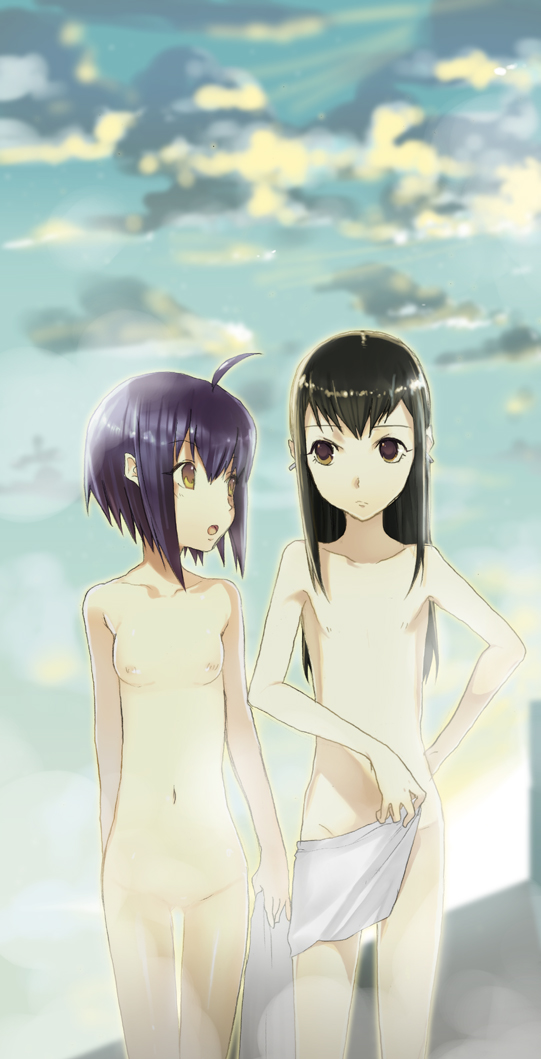 kaimuari, koga norio, tamai shiina, narutaru, bad id, bad pixiv id, 1boy, 1girl, ahoge, breasts, covering privates, flat chest, loli, nude, nude cover, shota, small breasts, towel, trap