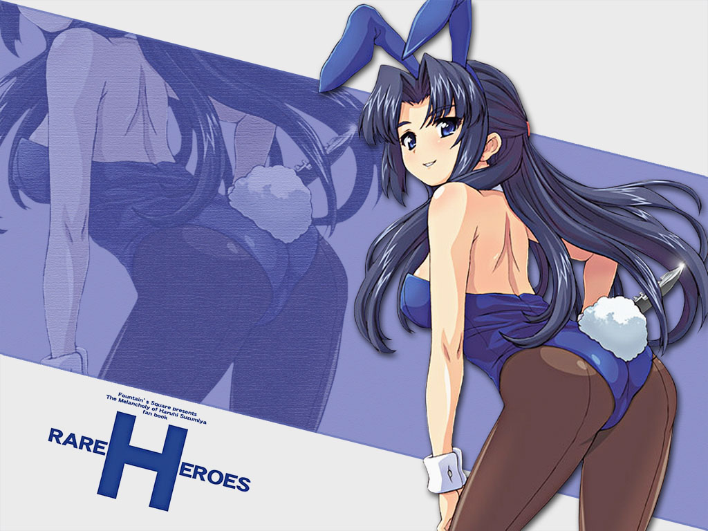 hagiya masakage, asakura ryoko, suzumiya haruhi no yuuutsu, 00s, 1girl, animal ears, ass, back, back-seamed legwear, backless leotard, backless outfit, bare shoulders, blue eyes, blue hair, brown pantyhose, combat knife, detached collar, english text, fake animal ears, female focus, half updo, hand on own knee, holding, holding knife, knife, leaning forward, leotard, matching hair/eyes, pantyhose, playboy bunny, rabbit ears, rabbit tail, seamed legwear, smile, solo, tail, thighs, weapon, wrist cuffs