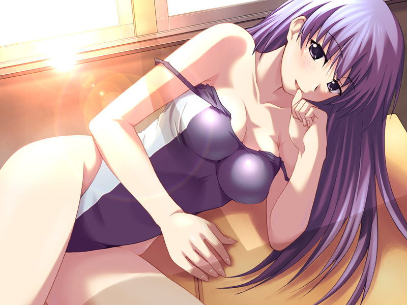 hinatabokko, game cg, 1girl, bare shoulders, blue eyes, blue hair, breasts, cleavage, competition swimsuit, female focus, lying, matching hair/eyes, one-piece swimsuit, solo, swimsuit