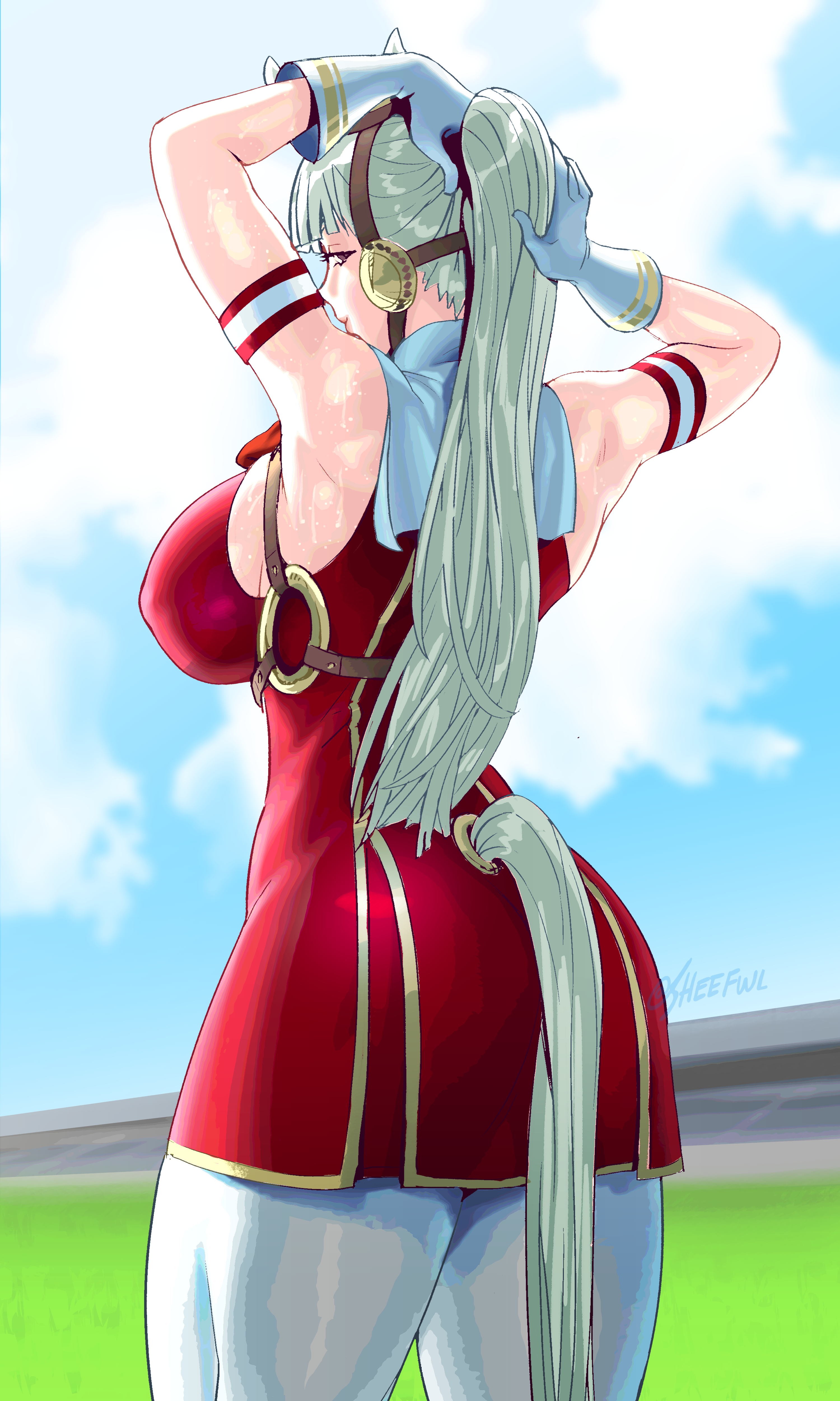 gold ship (umamusume), umamusume, absurdres, highres, 1girl, animal ears, bare shoulders, closed mouth, covered erect nipples, dress, earmuffs, from behind, grey hair, holding, holding own hair, horse ears, horse girl, horse tail, large pectorals, looking at viewer, pantyhose, pectorals, ponytail, purple eyes, red dress, sheefwl, short dress, sleeveless, sleeveless dress, smile, solo, sweat, tail, white pantyhose
