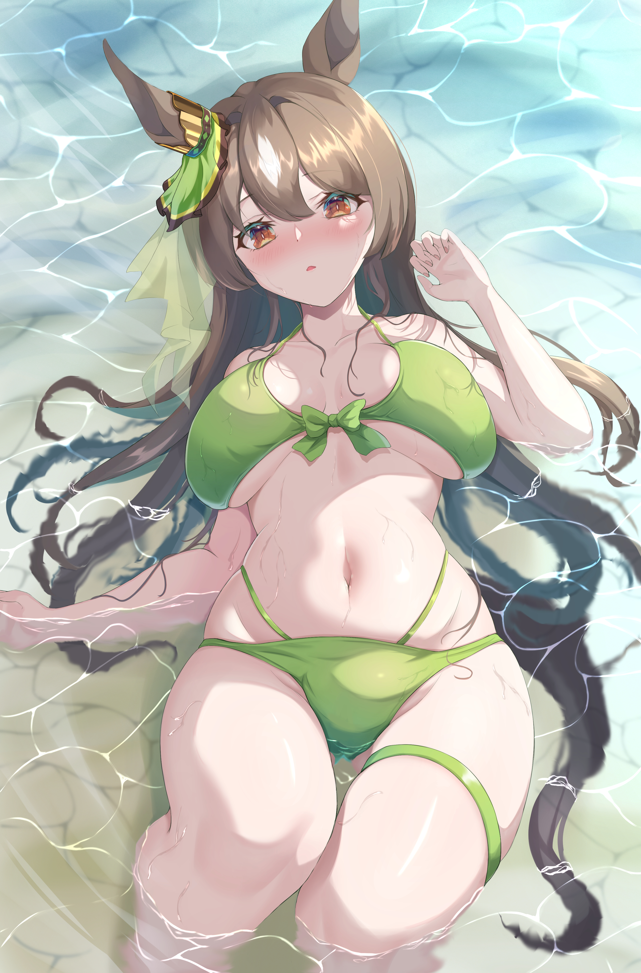 maimuu, satono diamond (umamusume), umamusume, absurdres, highres, revision, 1girl, alternate costume, animal ears, bikini, blush, breasts, brown hair, cowboy shot, double-parted bangs, ear ornament, front-tie bikini top, front-tie top, green bikini, hair between eyes, horse ears, horse girl, horse tail, large breasts, long hair, looking at viewer, multicolored hair, navel, ocean, on ground, parted lips, partially submerged, solo, streaked hair, swimsuit, tail, thigh strap, very long hair, water, white hair, yellow eyes