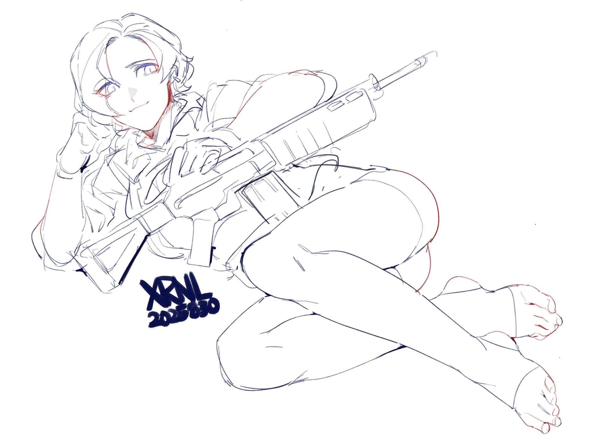 xrnl2018, original, commentary, english commentary, highres, unfinished, 1girl, 2025, artist name, assault rifle, clenched hand, crossed legs, dated, ear piercing, feet, gloves, gun, hand on own head, jacket, light smile, looking to the side, lying, military uniform, on side, piercing, rifle, short hair, sketch, sleeves rolled up, slit pupils, solo, stirrup legwear, tarola (xrnl2018), thighhighs, toeless legwear, toenails, weapon, white background