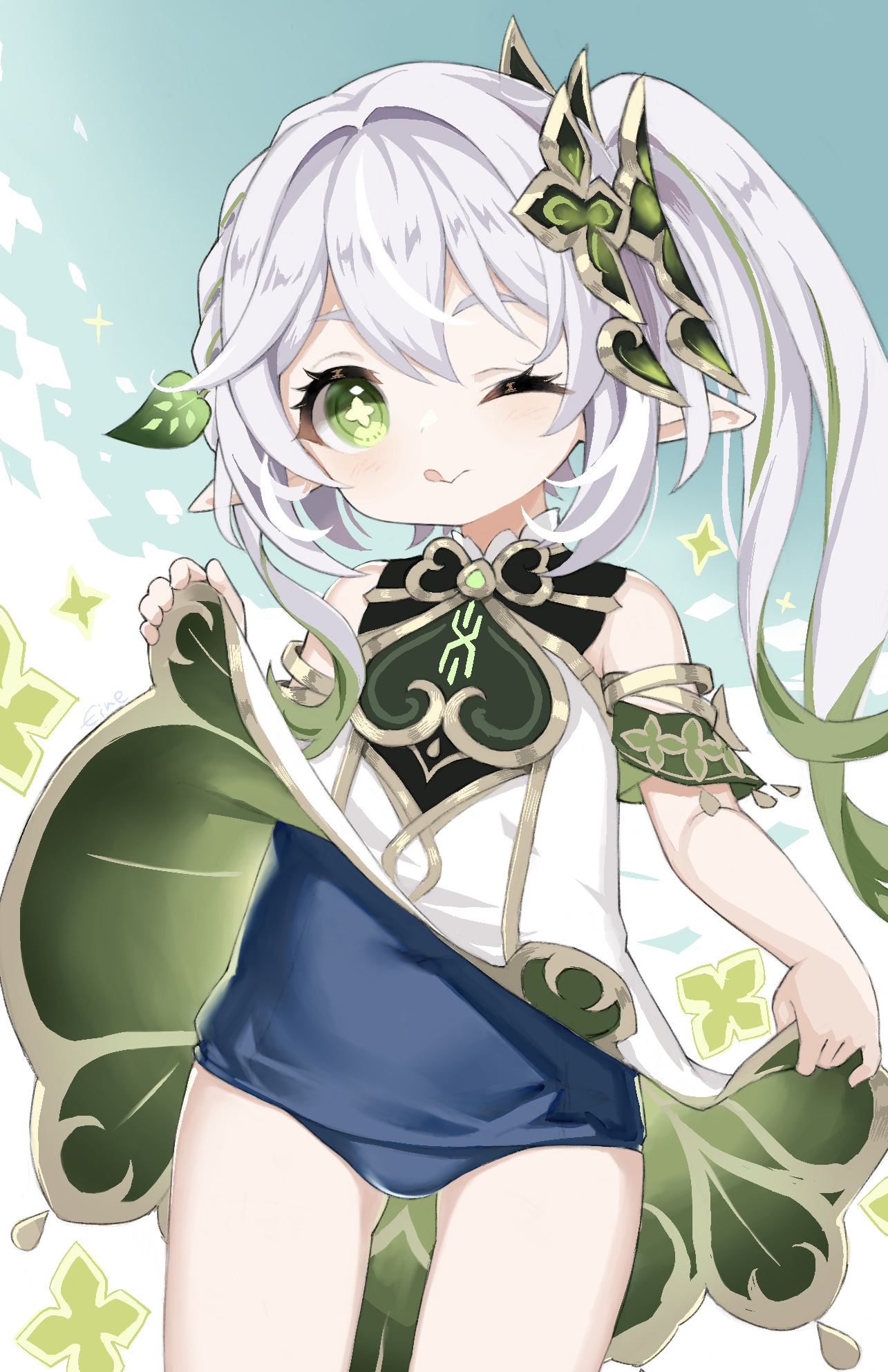 m-eine, nahida (genshin impact), genshin impact, highres, revision, 1girl, :q, bare shoulders, blue one-piece swimsuit, braid, closed mouth, clothes lift, colored tips, covered navel, cross-shaped pupils, detached sleeves, dress, dress lift, flat chest, green eyes, green hair, hair ornament, leaf hair ornament, lifting own clothes, looking at viewer, multicolored hair, old school swimsuit, one-piece swimsuit, one eye closed, open mouth, pointy ears, school swimsuit, short sleeves, side braid, side ponytail, solo, swimsuit, swimsuit under clothes, symbol-shaped pupils, tongue, tongue out, two-tone hair, white dress, white hair