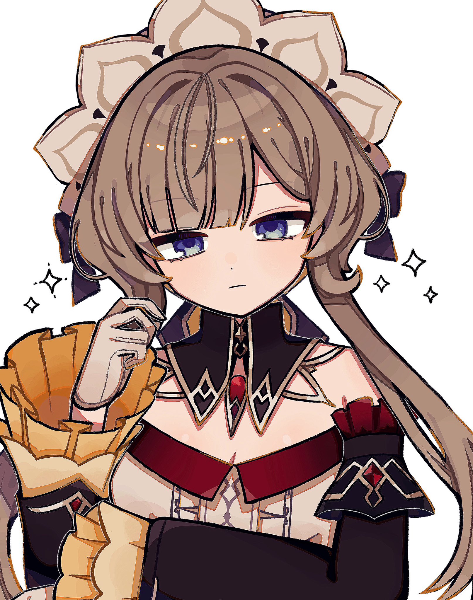 sandrone (genshin impact), genshin impact, highres, bare shoulders, blank stare, blue eyes, breasts, brown hair, cleavage, detached sleeves, gloves, long bangs, long hair, looking at viewer, maid headdress, ochatenchan, solo, sparkle, white gloves