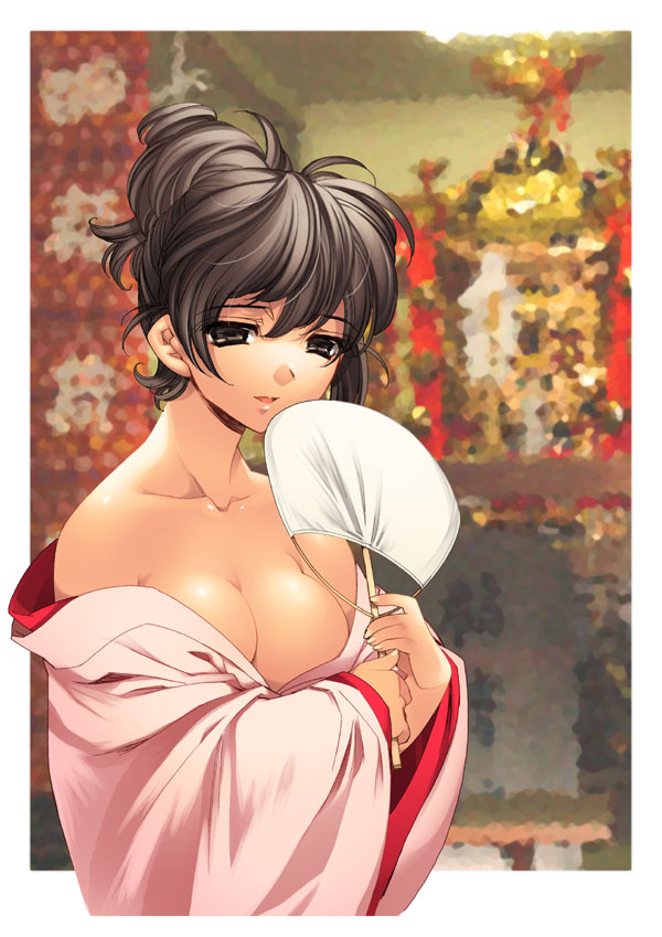 1girl, black eyes, black hair, breasts, brown eyes, cleavage, female focus, hand fan, japanese clothes, large breasts, off shoulder, paper fan, photo background, smile, solo, uchiwa