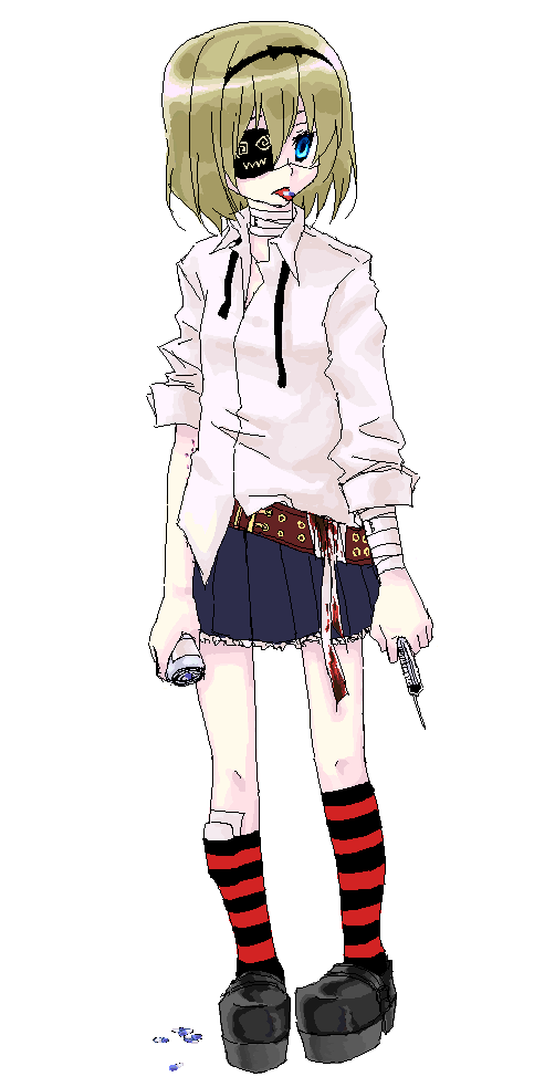 tadano kagekichi, alice margatroid, touhou, 1girl, bandages, blood, eyepatch, female focus, injury, jaggy lines, pill, socks, solo, striped clothes, striped socks, yami kawaii