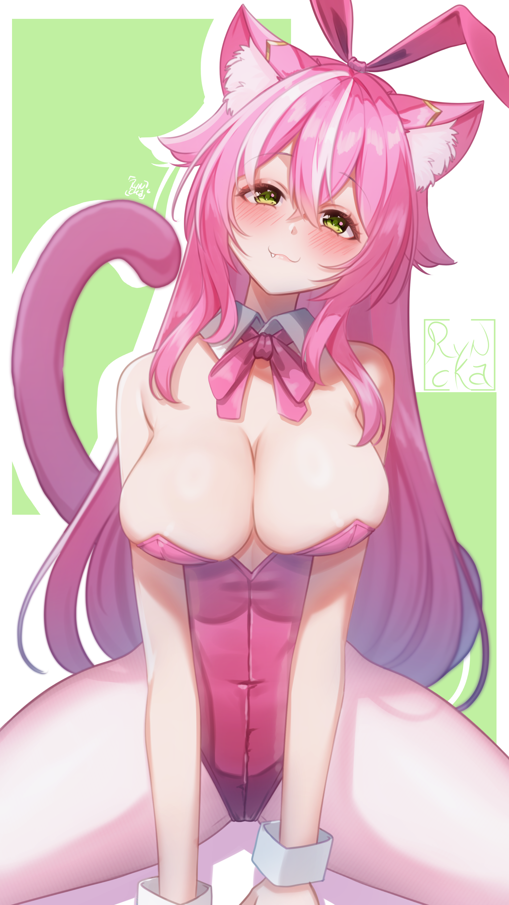 ryncka, enya yoruneko, indie virtual youtuber, 1girl, :3, animal ears, areola slip, artist name, bare shoulders, blush, breasts, cat ears, cat girl, cat tail, collar, cowboy shot, detached collar, eyebrows hidden by hair, eyelashes, fake animal ears, fang, female focus, green background, green eyes, huge breasts, leotard, long hair, looking at viewer, naughty face, neck ribbon, pantyhose, pink hair, pink leotard, pink ribbon, playboy bunny, rabbit ears, ribbon, simple background, sitting, smile, solo, spread legs, strapless, strapless leotard, tail, two-tone background, virtual youtuber, white background, white collar, white pantyhose, wrist cuffs