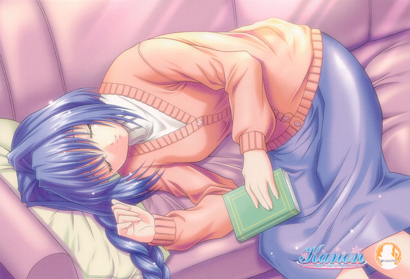 minase akiko, kanon, official art, 1girl, book, braid, female focus, hair intakes, purple hair, sleeping, solo