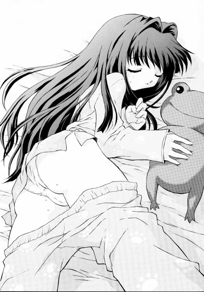 minase nayuki, kanon, 1girl, female focus, greyscale, monochrome, pajamas, panties, sleeping, solo, stuffed animal, stuffed frog, stuffed toy, underwear