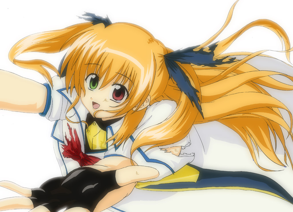 vivio, lyrical nanoha, mahou shoujo lyrical nanoha, mahou shoujo lyrical nanoha strikers, 00s, 1girl, black gloves, black ribbon, bow, bowtie, female focus, foreshortening, gloves, green eyes, hair ribbon, heterochromia, long hair, looking at viewer, red bow, red bowtie, red eyes, ribbon, simple background, solo, very long hair, white background