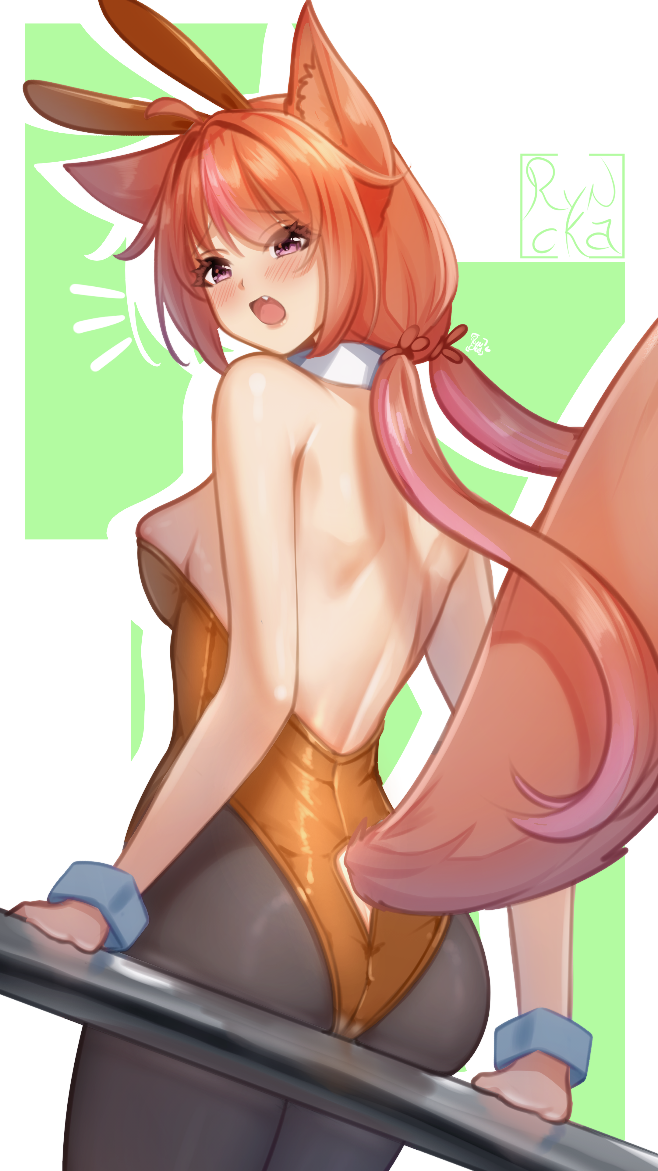 ryncka, nori sahara, indie virtual youtuber, 1girl, animal ears, areola slip, artist name, ass, backless leotard, bare back, bare shoulders, black pantyhose, breasts, collar, cowboy shot, detached collar, embarrassed, fake animal ears, fang, female focus, fox ears, fox girl, fox tail, from behind, from below, green background, leotard, long hair, looking at viewer, looking back, looking down, low twintails, medium breasts, open mouth, orange leotard, pantyhose, pink eyes, playboy bunny, rabbit ears, simple background, sitting, solo, strapless, strapless leotard, surprised, tail, twintails, two-tone background, virtual youtuber, white background, white collar