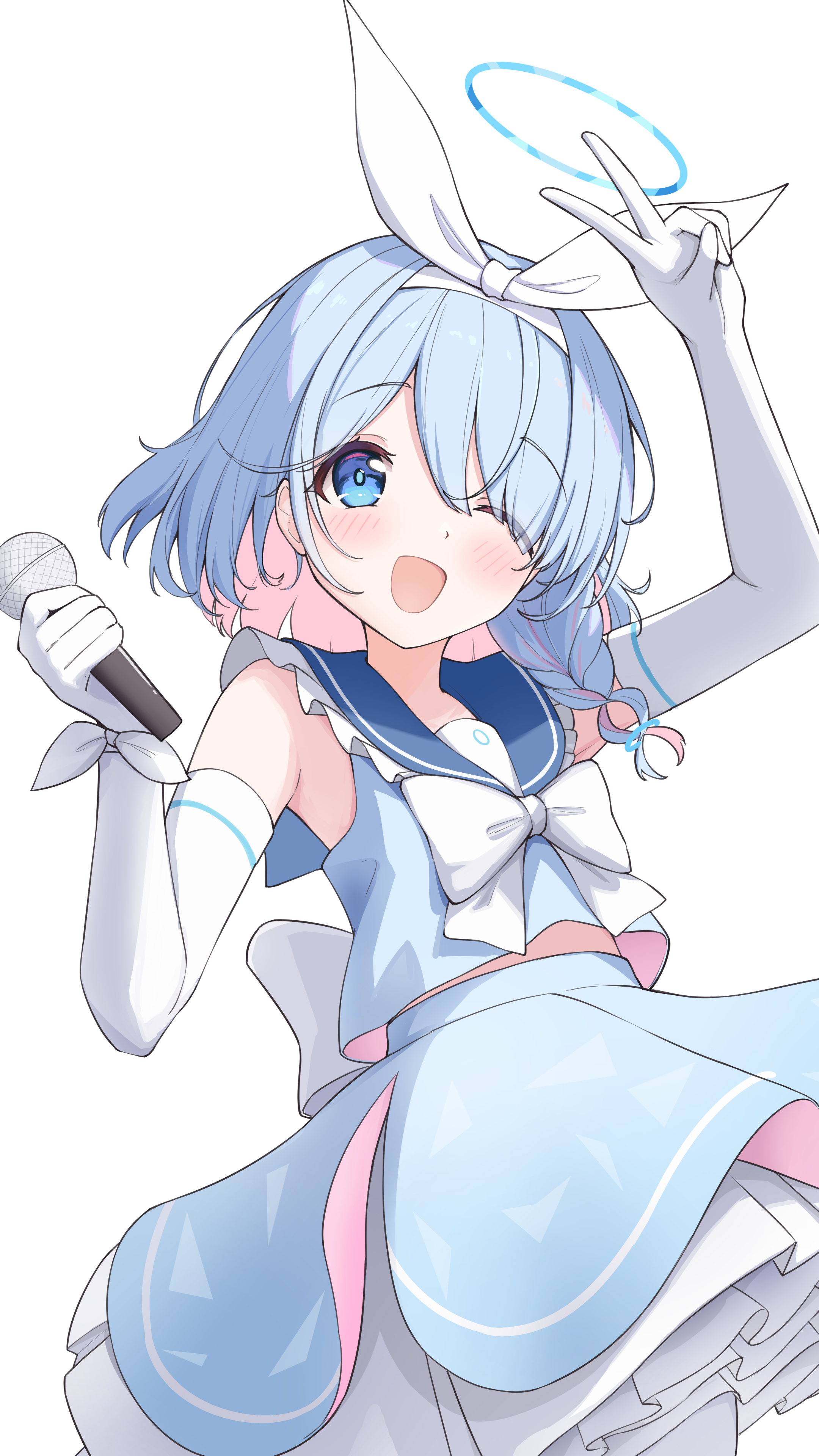 arona (blue archive), blue archive, absurdres, highres, 1girl, alternate costume, blue eyes, blue hair, blue halo, blue sailor collar, blue shirt, blue skirt, blush, bow, colored inner hair, elbow gloves, gloves, hair over one eye, hairband, halo, holding, holding microphone, microphone, multicolored hair, open mouth, pink hair, sailor collar, shirakawaui, shirt, short hair, skirt, solo, two-tone hair, v, white bow, white gloves, white hairband