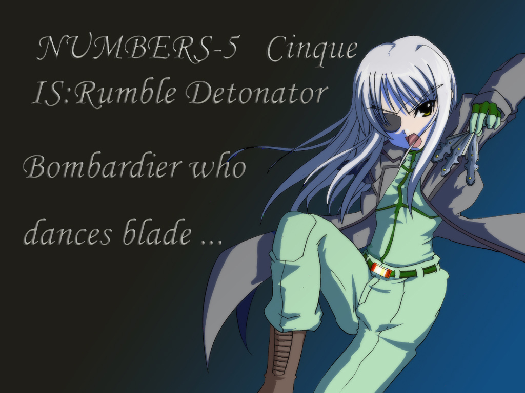 cinque (nanoha), numbers (nanoha), lyrical nanoha, mahou shoujo lyrical nanoha, mahou shoujo lyrical nanoha strikers, silver hair, 00s, 1girl, belt, bodysuit, boots, brown boots, buckle, english text, eyepatch, female focus, gloves, green gloves, jacket, knee boots, leg up, long sleeves, looking at viewer, open clothes, open jacket, solo, standing, standing on one leg, text focus