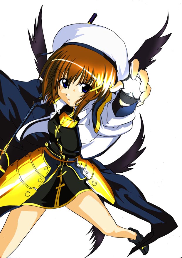 yagami hayate, lyrical nanoha, mahou shoujo lyrical nanoha, mahou shoujo lyrical nanoha a's, uniform, 00s, 1girl, bare legs, beret, black dress, black gloves, black wings, dress, female focus, fingerless gloves, gloves, hair ornament, hat, looking at viewer, shoes, simple background, solo, thighs, white background, wings, x hair ornament