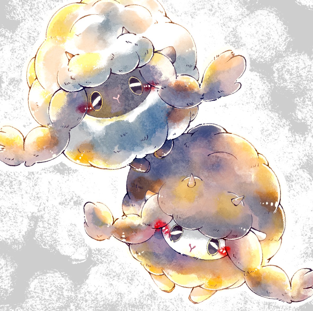 wooloo, nintendo, pokemon, check commentary, commentary request, alternate color, animal focus, blush, gen 8 pokemon, mami poko0503, no humans, pokemon (creature), sheep, shiny and normal, shiny pokemon, sidelocks, yellow eyes