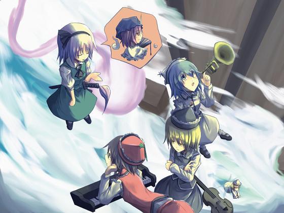 konpaku youmu, konpaku youmu (ghost), lily white, lunasa prismriver, lyrica prismriver, merlin prismriver, saigyouji yuyuko, touhou, game cg, 5girls, blonde hair, female focus, folding fan, from above, hairband, hand fan, hat, hitodama, instrument, katana, keyboard, keyboard (instrument), mary janes, multiple girls, sheath, sheathed, shoes, socks, sword, trumpet, violin, weapon