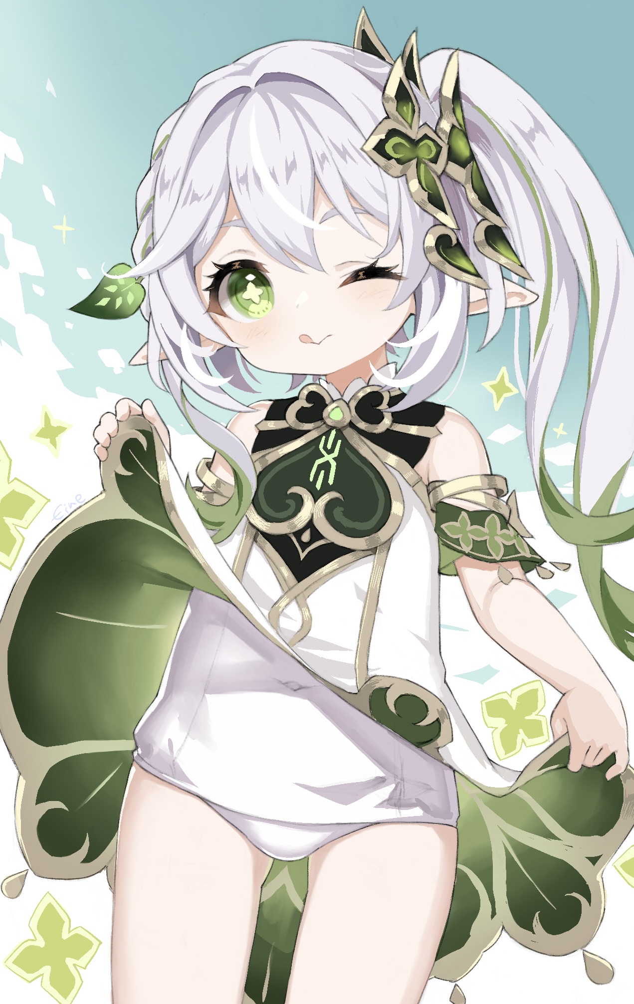 m-eine, nahida (genshin impact), genshin impact, highres, revision, 1girl, :q, bare shoulders, braid, closed mouth, clothes lift, colored tips, covered navel, cross-shaped pupils, detached sleeves, dress, dress lift, flat chest, green eyes, green hair, hair ornament, leaf hair ornament, lifting own clothes, looking at viewer, multicolored hair, old school swimsuit, one-piece swimsuit, one eye closed, open mouth, pointy ears, school swimsuit, short sleeves, side braid, side ponytail, solo, swimsuit, swimsuit under clothes, symbol-shaped pupils, tongue, tongue out, two-tone hair, white dress, white hair, white one-piece swimsuit