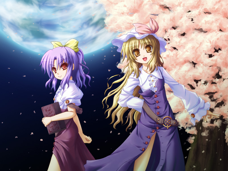 watatsuki no toyohime, watatsuki no yorihime, silent sinner in blue, touhou, 2girls, book, female focus, hat, multiple girls, outdoors, plant, ribbon, sky, smile, standing, tree