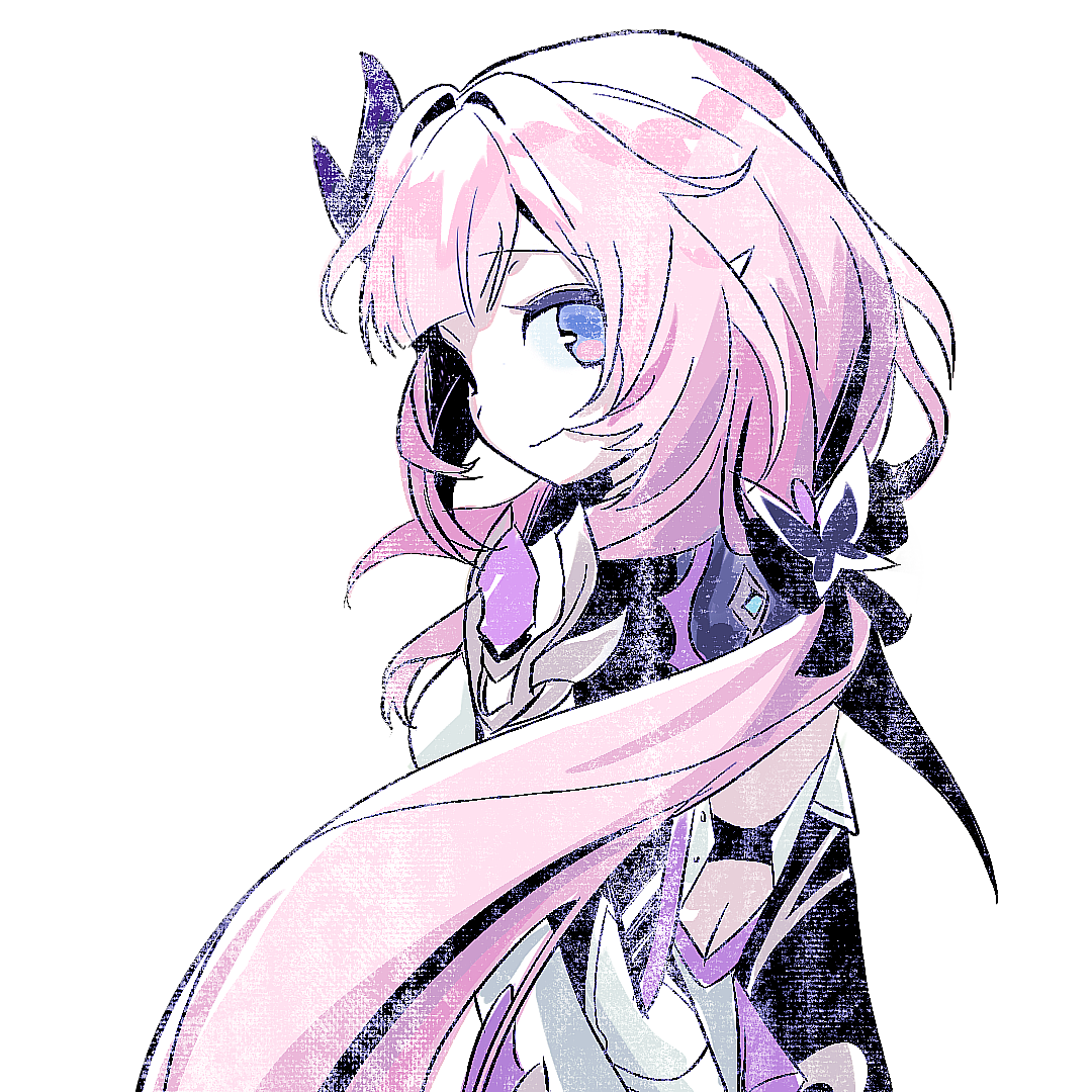 miaomiaomiao64556, elysia (honkai impact), elysia (miss pink elf) (honkai impact), honkai (series), honkai impact 3rd, chinese commentary, commentary request, 1girl, back, blue eyes, breasts, corset, elf, from side, hair ornament, large breasts, long hair, pink hair, pointy ears, simple background, smile, solo, very long hair, white background, white corset