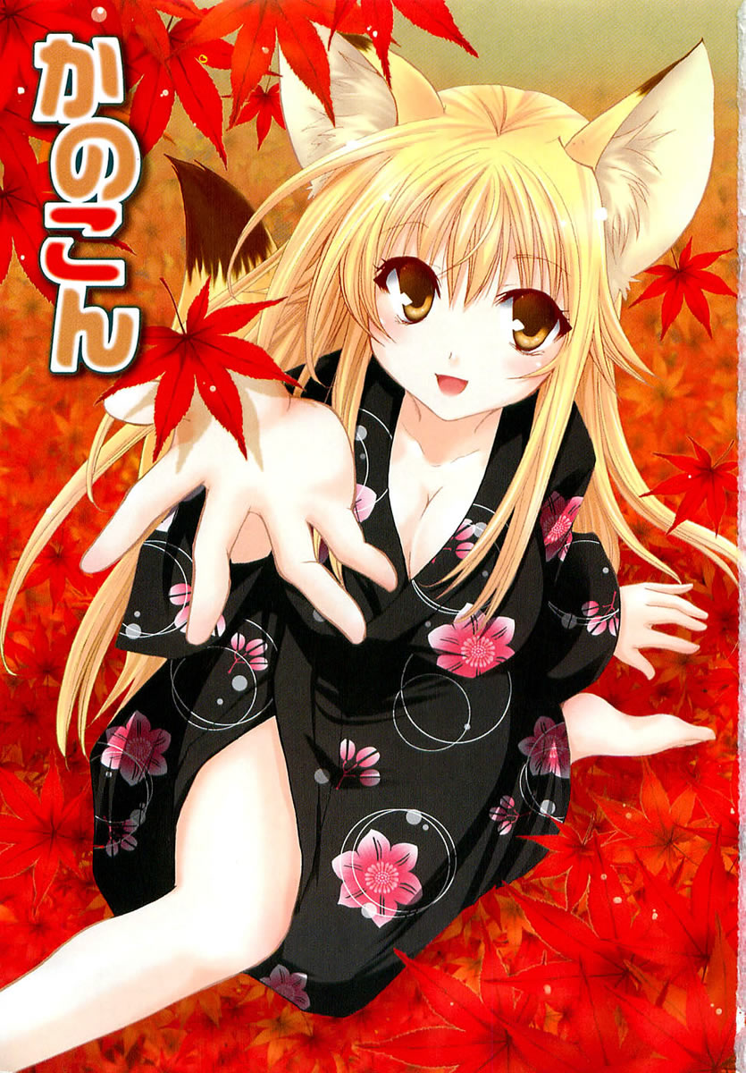 minamoto chizuru, kanokon, highres, scan, scan artifacts, 00s, 1girl, :d, animal ears, blonde hair, breasts, cleavage, copyright name, female focus, fox ears, japanese clothes, kimono, leaf, looking at viewer, maple leaf, open mouth, outstretched arm, smile, solo, tail, yukata