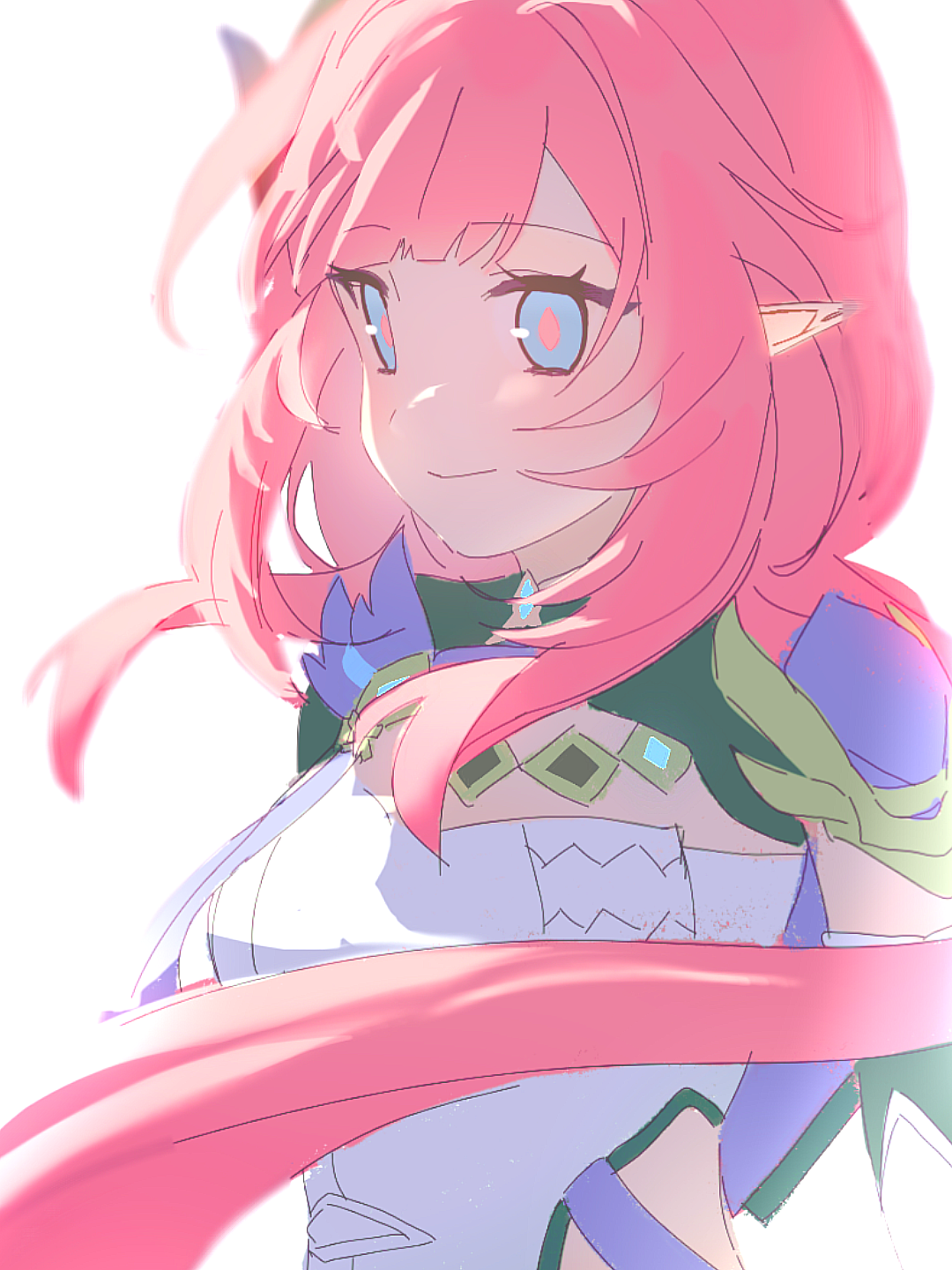 miaomiaomiao64556, elysia (honkai impact), elysia (miss pink elf) (honkai impact), honkai (series), honkai impact 3rd, chinese commentary, commentary request, highres, 1girl, blonde hair, breasts, corset, elf, large breasts, long hair, pink hair, pointy ears, shrug (clothing), simple background, solo, upper body, very long hair, white background, white corset
