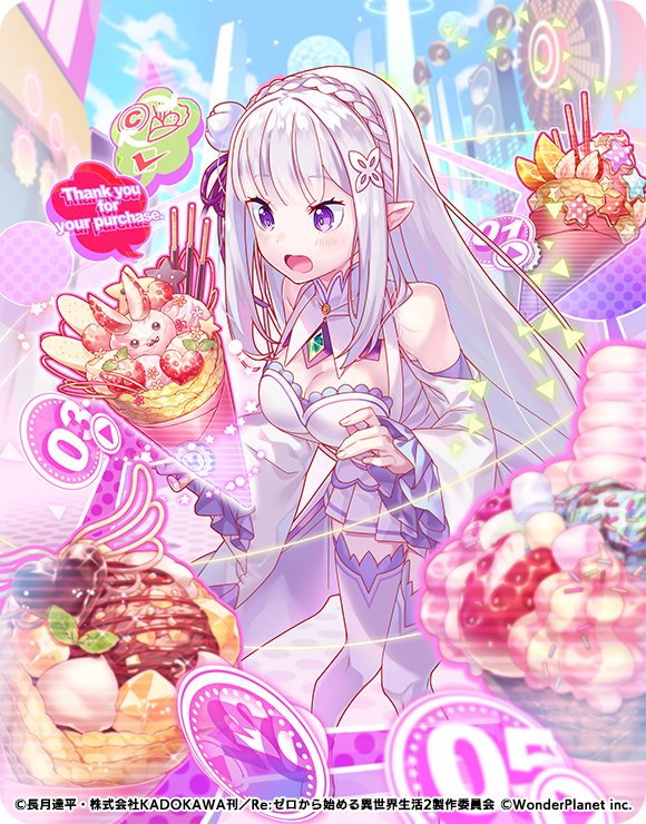 mizuki (4985964), emilia (re:zero), alice fiction, re:zero kara hajimeru isekai seikatsu, official art, 1girl, bare shoulders, blue pupils, braid, breasts, cleavage, crossover, crown braid, dress, elf, english text, flower, food, gem, green gemstone, hair flower, hair ornament, hair ribbon, long hair, outdoors, pointy ears, purple eyes, purple ribbon, ribbon, rose, solo, thighhighs, white flower, white hair, white rose, x hair ornament