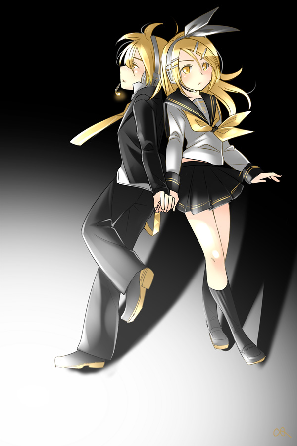 caffein, kagamine len, kagamine rin, vocaloid, 1boy, 1girl, blonde hair, brother and sister, headset, siblings, twins, yellow eyes