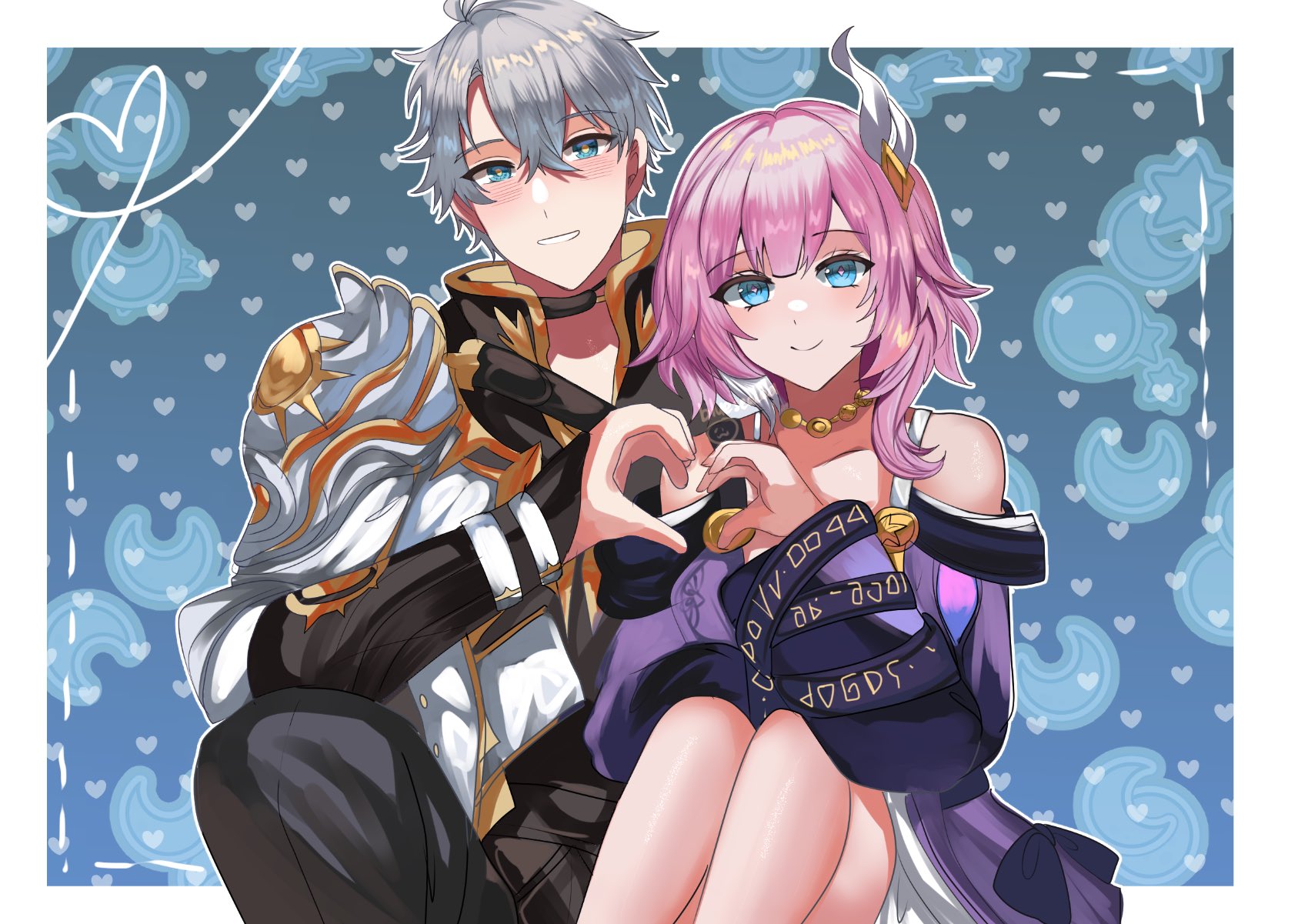 blue sealad, cyrene (honkai: star rail), phainon (honkai: star rail), honkai: star rail, honkai (series), commentary, english commentary, highres, 1girl, armor, bare shoulders, black pants, blue eyes, border, coat, couple, dress, hair ornament, heart, heart background, heart hands, heart hands duo, hetero, jewelry, multicolored hair, necklace, pants, pauldrons, pink hair, purple coat, short hair, shoulder armor, single pauldron, sitting, smile, two-tone hair, white border, white coat, white dress, white hair