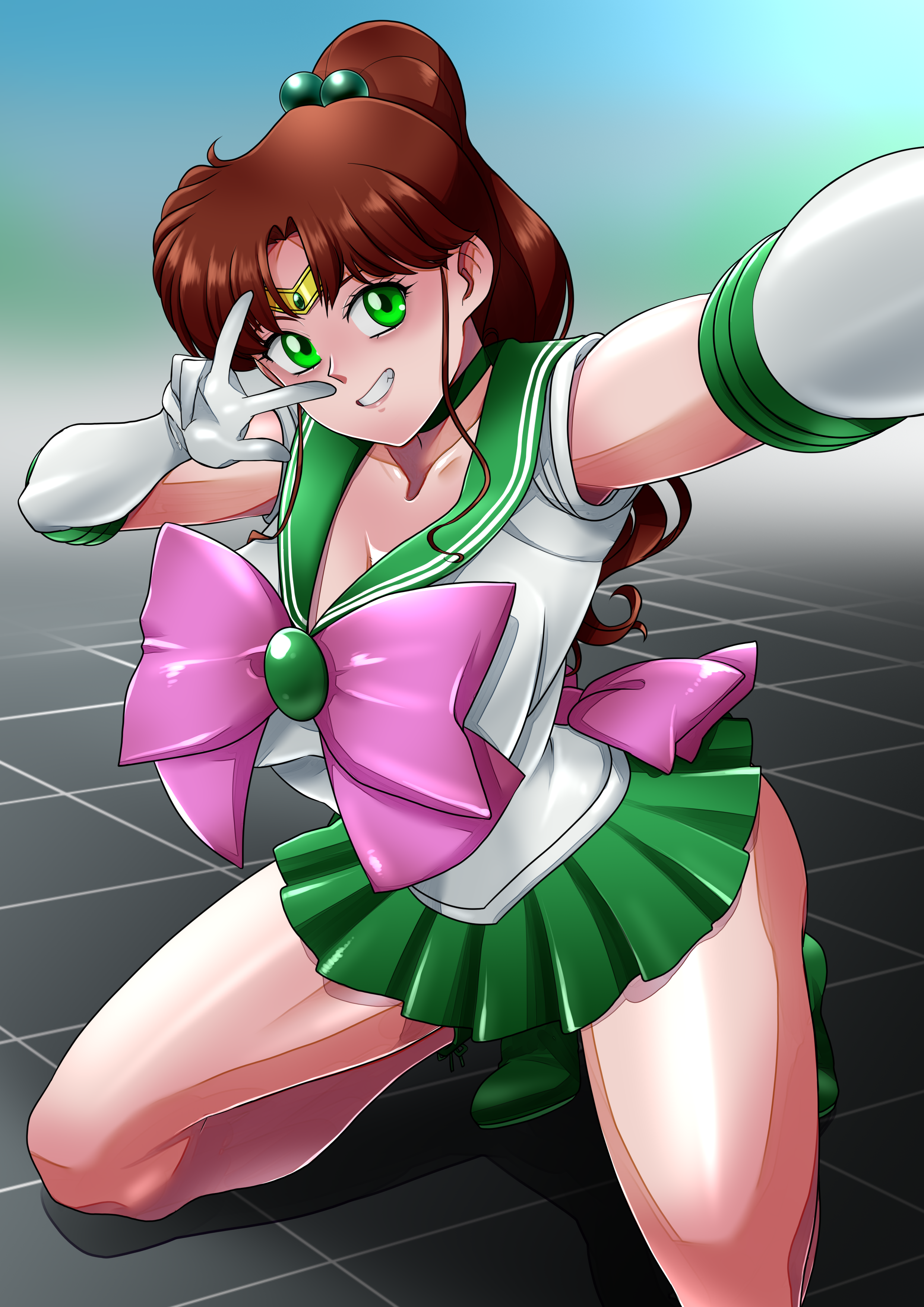 ryuney, kino makoto, sailor jupiter, bishoujo senshi sailor moon, absurdres, highres, 1girl, boots, bow, bowtie, breasts, brown hair, choker, collarbone, elbow gloves, gloves, green boots, green choker, green eyes, green sailor collar, green skirt, hair bobbles, hair ornament, jewelry, large breasts, long hair, pink bow, pink bowtie, ponytail, sailor collar, sailor senshi uniform, selfie, skirt, smile, solo, spread legs, squatting, v, white gloves
