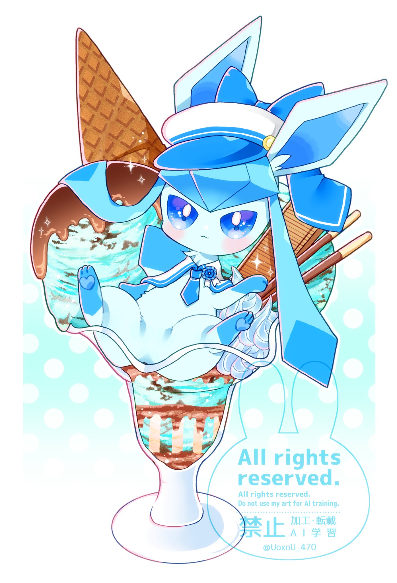 glaceon, glaceon (summer sailor), nintendo, pokemon, pokemon cafe remix, check commentary, commentary request, highres, animal focus, blue eyes, blush, closed mouth, clothed pokemon, food, food focus, gen 4 pokemon, hat, ice cream, ice cream cone, no humans, pocky, pokemon (creature), pokemon focus, sailor collar, sailor hat, sundae, twitter username, uoxou 470, wafer, whipped cream