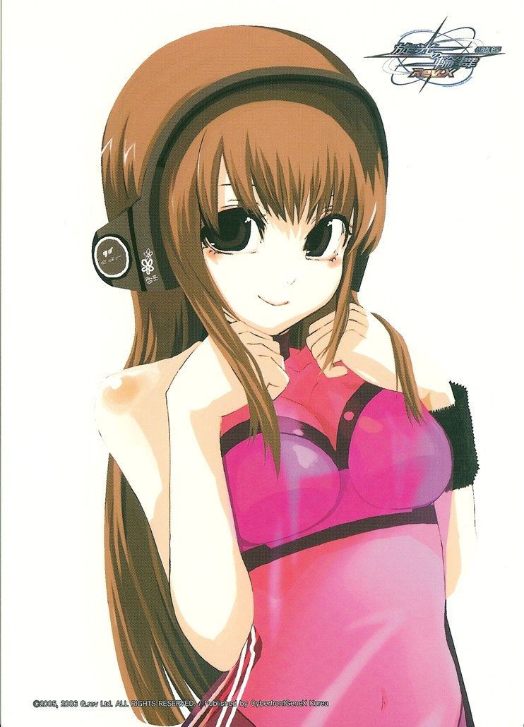 sogabe shuuji, takayama mizuki, baek changpo, senkou no ronde, 1girl, black eyes, breasts, brown hair, cleavage, female focus, hairband, headphones, long hair, medium breasts, see-through clothes, sleeveless, smile, solo, wristband