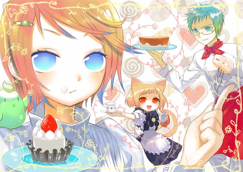 isaki uta, tea.x, animal ears, bird, blonde hair, blue eyes, blue hair, cake, food, maid, orange hair, pastry, red eyes, waiter