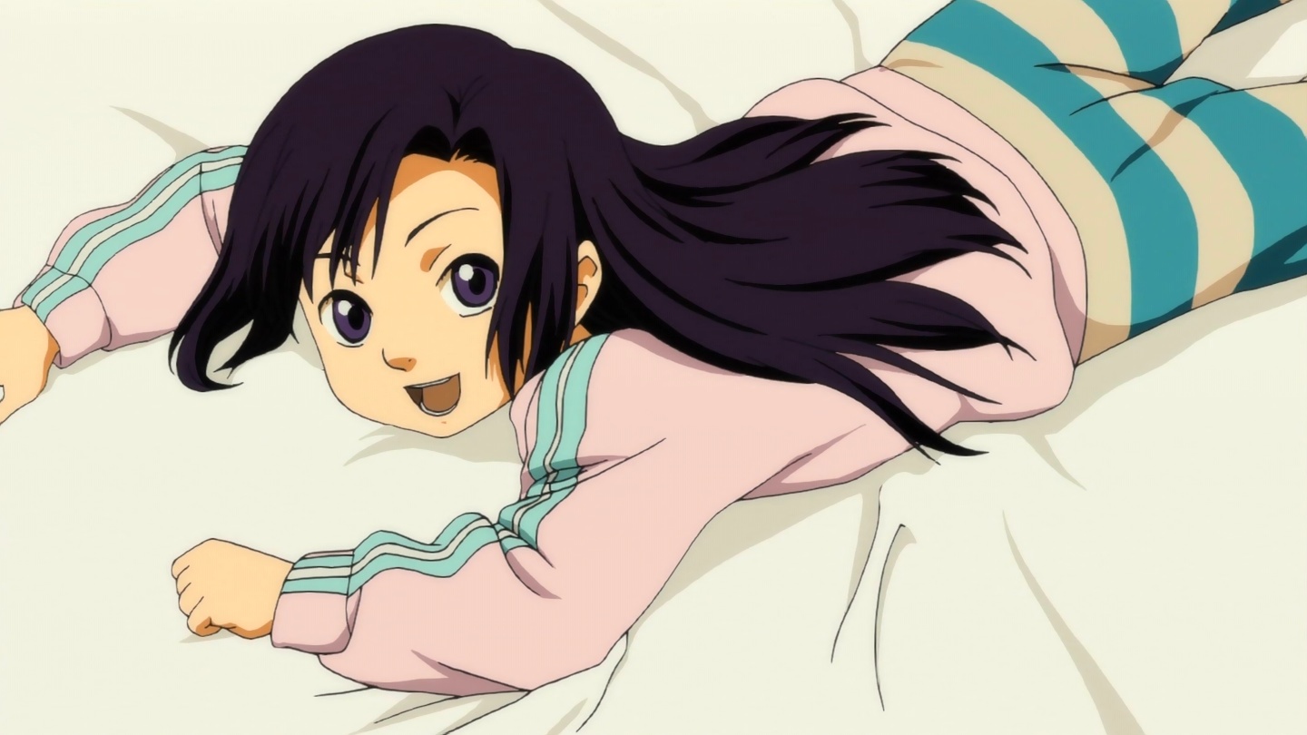 kuhouin murasaki, kure-nai, kurenai, anime screenshot, 00s, 1girl, :d, child, female focus, futon, long hair, looking at viewer, lying, on stomach, open mouth, purple eyes, purple hair, smile, solo, teeth, tongue, track suit