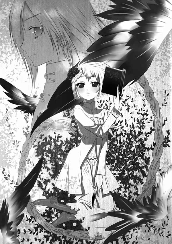 isaki uta, tea.x, rosette, book, braid, flower, greyscale, monochrome, wings