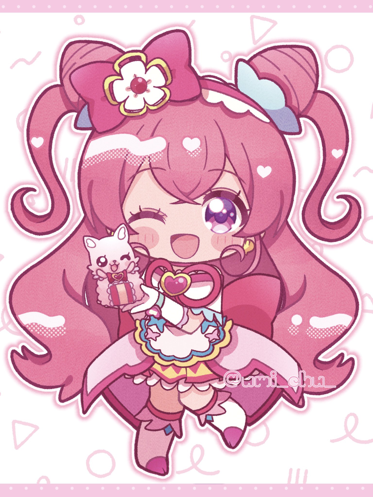 umiyuki (umi chu), cure precious, kome-kome, nagomi yui, delicious party precure, precure, commentary, highres, 1girl, :d, apron, blue bow, blue scrunchie, blush stickers, boots, bow, bow apron, brooch, chibi, circle, cone hair bun, creature, crossed bangs, double bun, earrings, elbow gloves, flower, frilled footwear, frilled gloves, frilled hairband, frilled sleeves, frills, full body, gloves, gold earrings, hair bow, hair bun, hair flower, hair ornament, hair ribbon, hair scrunchie, hairband, happy, heart, heart brooch, holding, holding creature, jewelry, knee boots, layered skirt, leg up, letterboxed, long hair, looking at viewer, magical girl, no nose, one eye closed, open mouth, outline, pink bow, pink eyes, pink hair, pink hairband, pink ribbon, pink skirt, pink theme, ribbon, scrunchie, shirt, short sleeves, showgirl skirt, skirt, smile, solo, standing, tareme, triangle, twitter username, two side up, very long hair, waist apron, white apron, white background, white boots, white gloves, white outline, white shirt, yellow ribbon