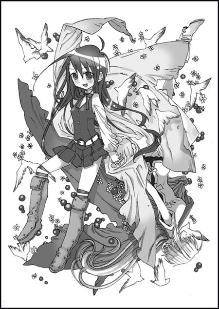 isaki uta, tea.x, ahoge, belt, bird, boots, flower, greyscale, kneehighs, long hair, miniskirt, monochrome, necktie, skirt, socks, solo