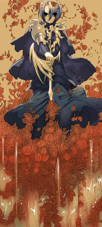 isaki uta, tea.x, armor, flower, solo, sword, thorns, weapon, wind