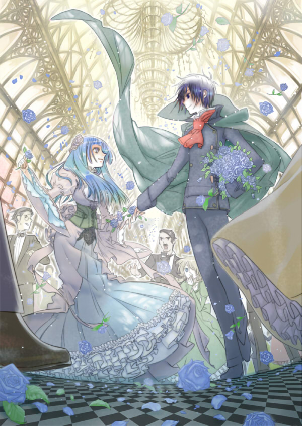 isaki uta, tea.x, rosette, light, 1boy, 1girl, ball, blue eyes, blue hair, blue rose, cape, couple, dancing, dress, flower, formal clothes, hetero, ribbon, rose, suit, victorian