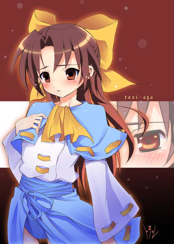 kishiri toworu, miyao ryuu, tagme, 1girl, brown hair, capelet, female focus, half updo, red eyes, ribbon-trimmed capelet, ribbon trim, solo