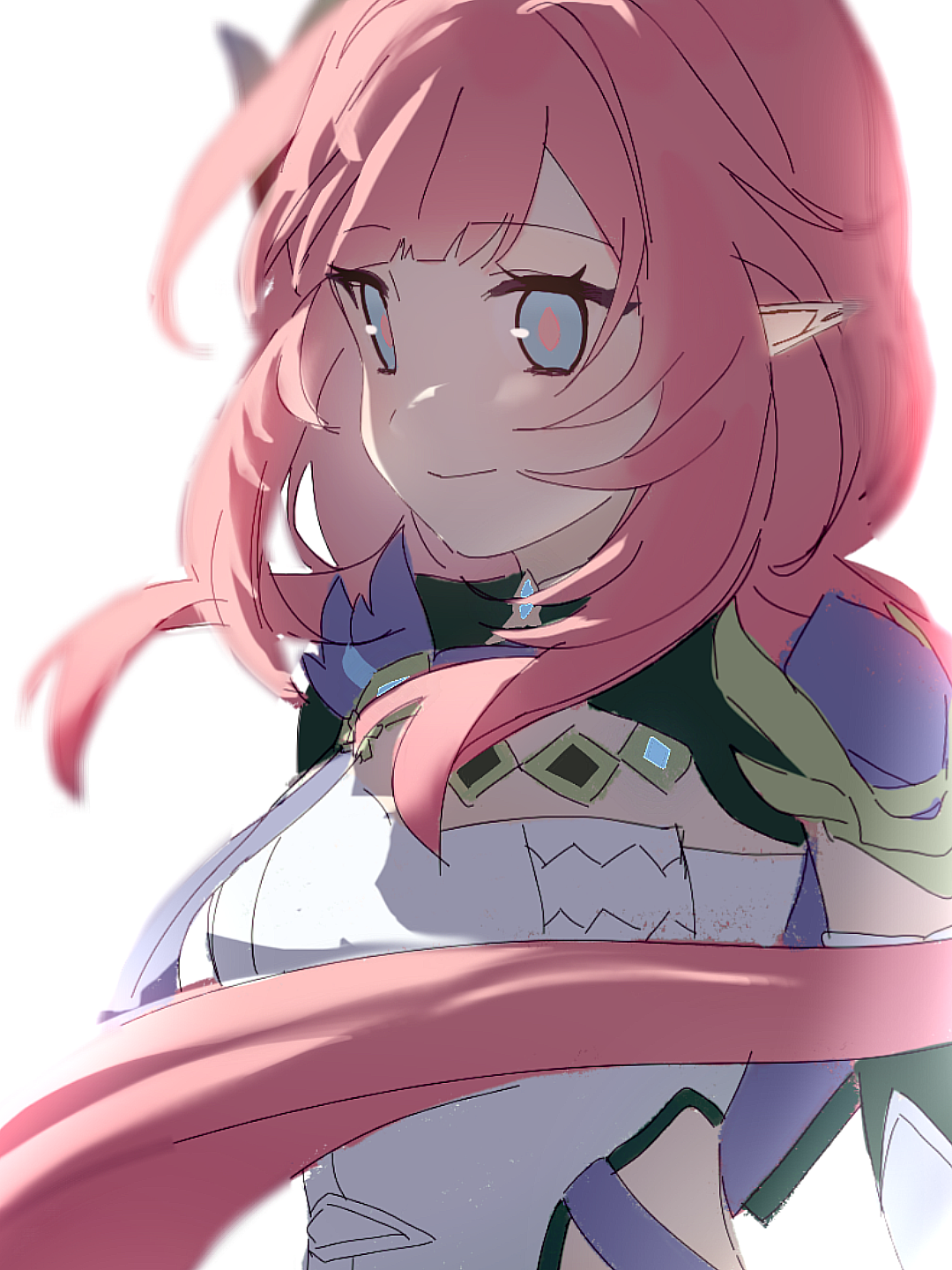 miaomiaomiao64556, elysia (honkai impact), elysia (miss pink elf) (honkai impact), honkai (series), honkai impact 3rd, chinese commentary, commentary request, highres, 1girl, blonde hair, breasts, corset, elf, large breasts, long hair, pink hair, pointy ears, shrug (clothing), simple background, solo, upper body, very long hair, white background, white corset