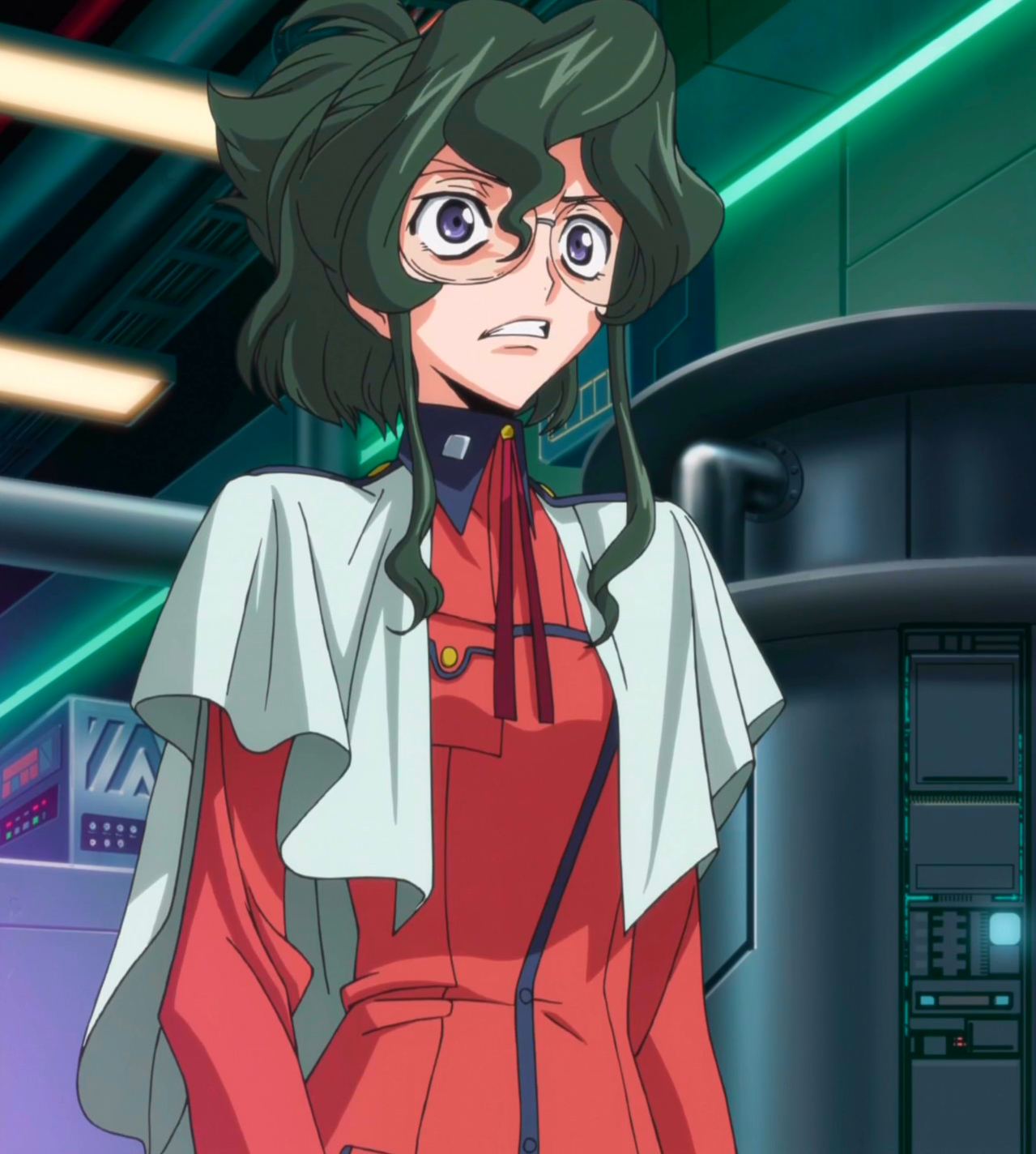 nina einstein, code geass, anime screenshot, highres, stitched, third-party edit, 00s, crazy eyes, glasses, green hair, purple eyes, solo