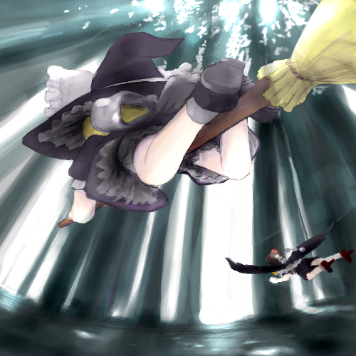 tsubasa (abchipika), kirisame marisa, shameimaru aya, touhou, lowres, 2girls, black wings, blonde hair, broom, broom riding, brown hair, female focus, forest, from below, geta, hat, multiple girls, nature, tengu-geta, tokin hat, wings, witch hat