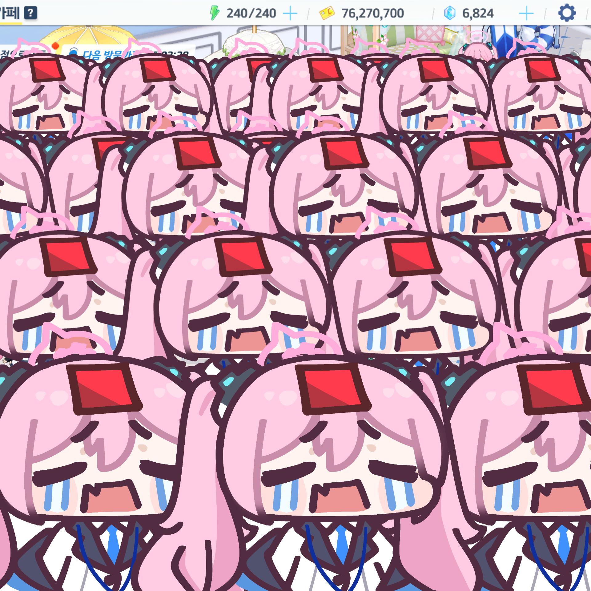 coconutcorn, koyuki (blue archive), blue archive, highres, 6+girls, blue archive 2025 hack, blue necktie, chibi, clone, closed eyes, crying, fang, game screenshot background, hair between eyes, halo, jacket, multiple girls, necktie, open mouth, pink hair, screenshot background, shirt, skin fang, streaming tears, tears, too many, twintails, white jacket, white shirt